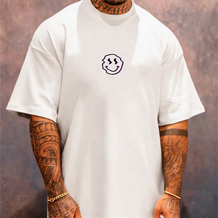 Camiseta Oversized Streetwear Masculina Gola Alta Rosto Sorriso Meme