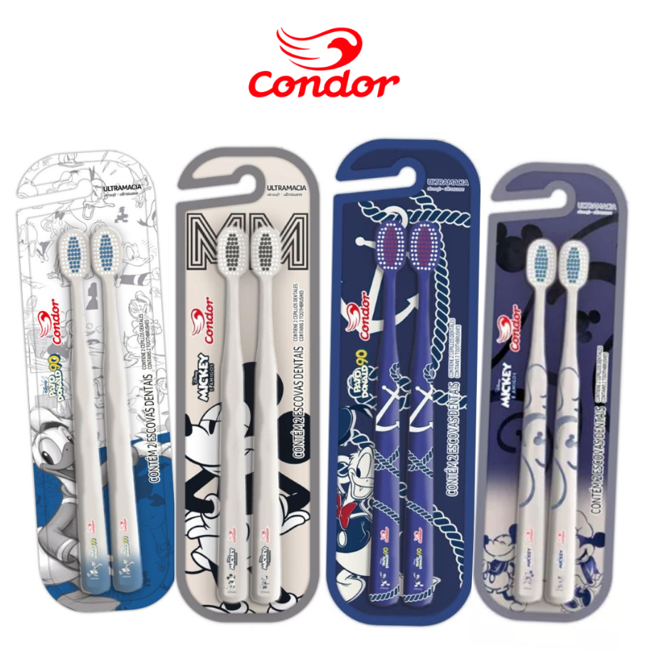 Kit 2 Escovas Dentais Condor Disney Escova Mickey e Amigos Limpeza ...