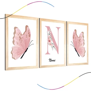 quadro decorativo infantil personalizado borboletinhas cor de rosa fofa menina quarto 3 peças