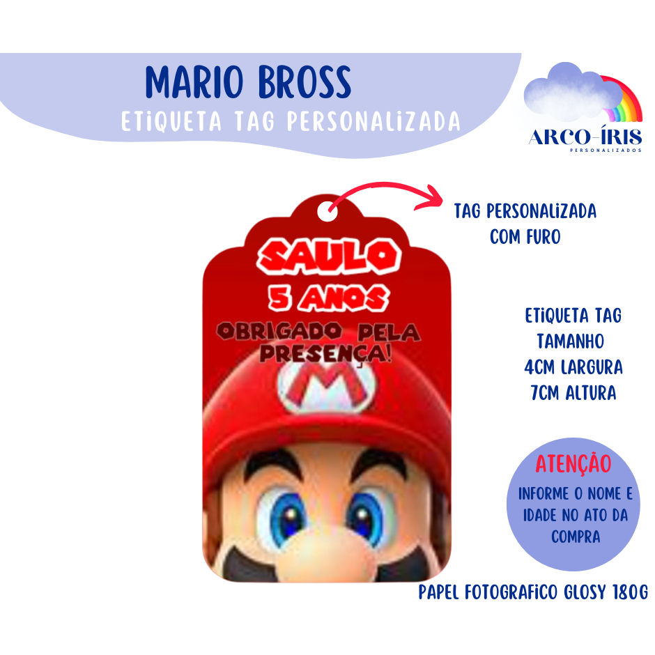 Etiqueta Tag Personalizada com Furo - Super Mario Bross - Lembrancinha ...