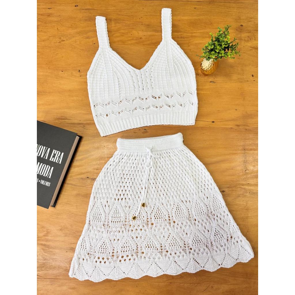 Conjunto Saída de Praia Feminina Tricô Verão 2025 Saia e Top