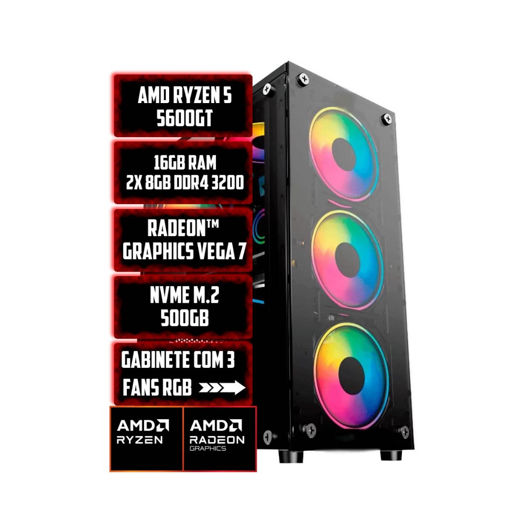 Pc Gamer Amd Ryzen 5 5600GT, Radeon™ Graphics Vega 7, 16gb Ram, Nvme 500gb, Gabinete Rgb 3 Fans