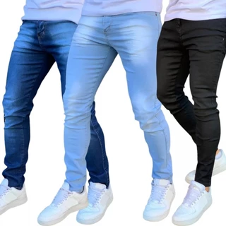 kit 3 calças masculina jeans com elastano original linha premium promoção