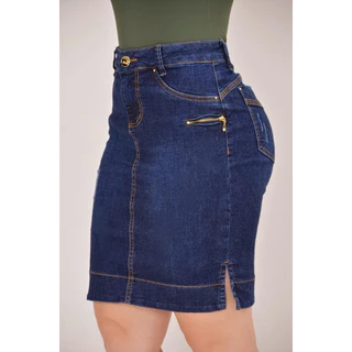 Saia Jeans escuro zíper lateral