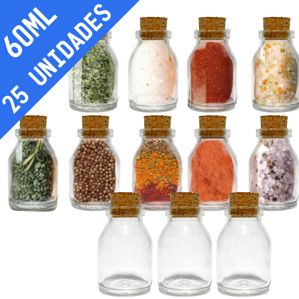 kit 25 Pote de vidro com rolha 60ml para lembrancinha, tempero e artesanato