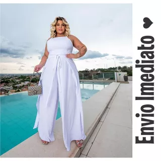Macacão Pantalona Plus Size Longo Elegante Feminino Envelope Liso EXG Plus Size Curve