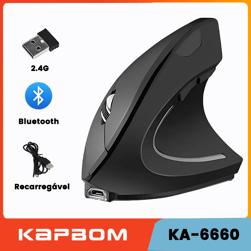 2.4GHz sem fio mouse vertical, 6 botões com luz RGB, 1600 DPI ajustável, para computadores e laptops