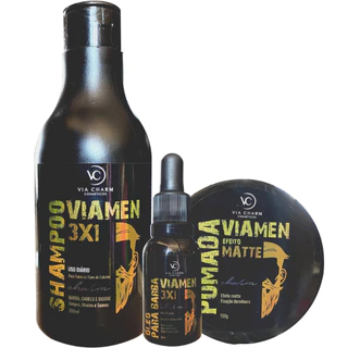 KIT VIAMEN BARBA CABELO E BIGODE VIA CHARM COSMÉTICOS 3 EM 1