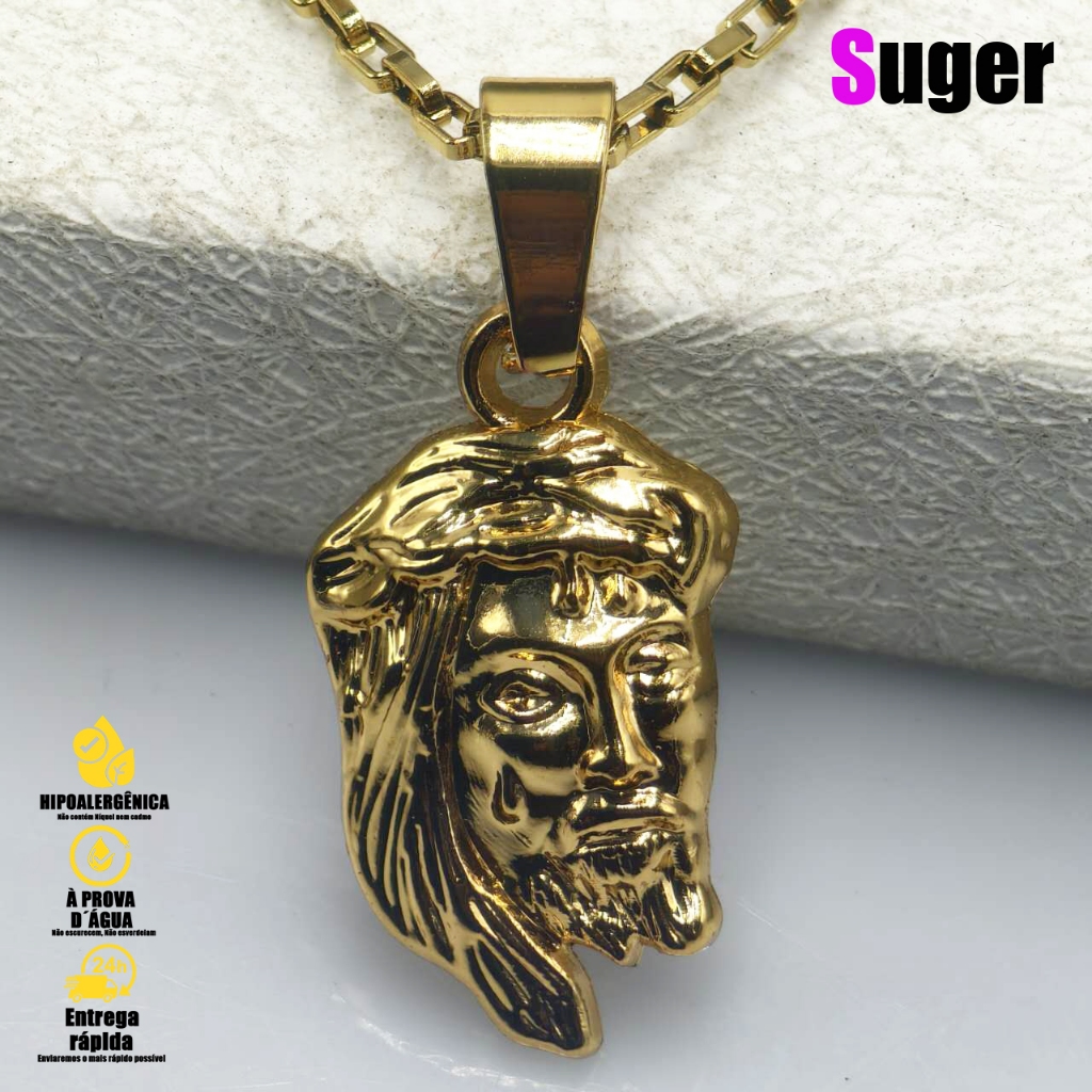 Colar Pingente Face de Cristo Banhado a Ouro 18K Joia Masculina com ...