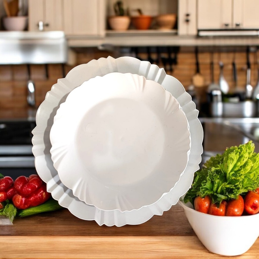 Kit 30 pratos - 15 Refeição/15 Sobremesa pétala fundo branco redondo festas jantar mesa posta