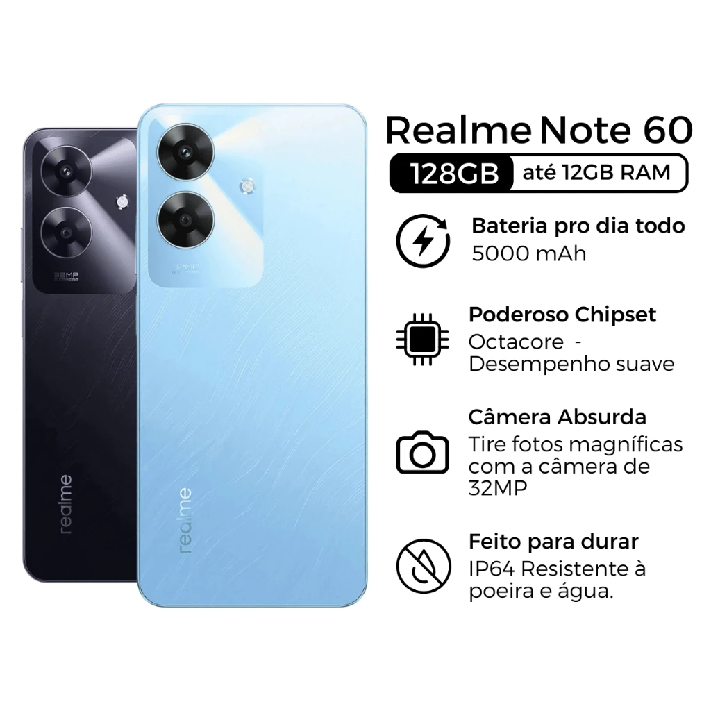 Smartphone Realme Note 60 Dual SIM 3GB RAM 64GB Processador Octa Core AI Boost Game Câmera 32MP e Bateria 5000MaH