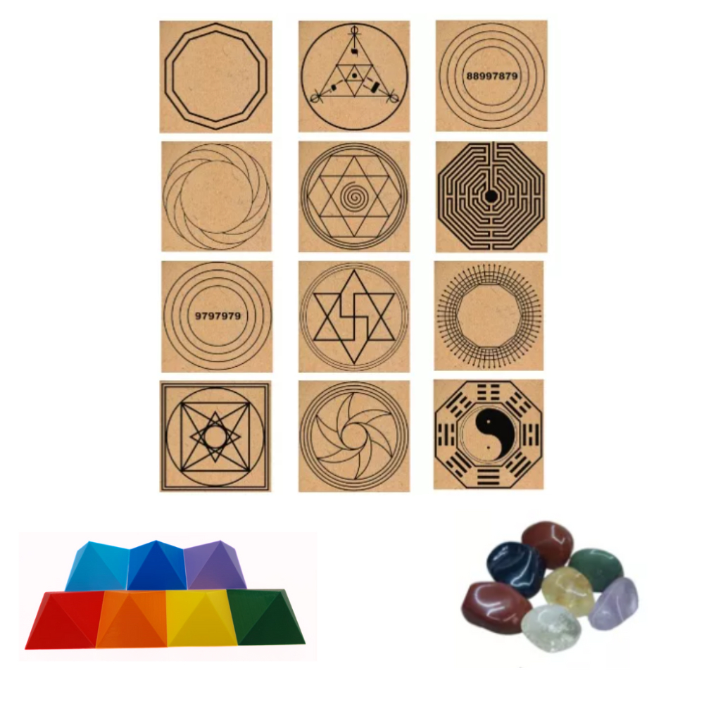 12 graficos em mdf 3mm + piramides 7 chakras + 3 piramides brancas ...