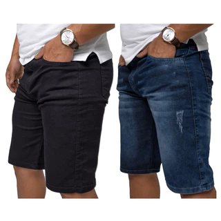 KIT 2 Bermuda Jeans Masculina Preta Lisa E Azul Puído e Bigode com Elastano - Shorts Jeans Masculino