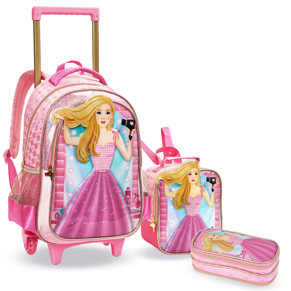 Mochila Infantil Menina Rodinha Escolar 3D com Glitter Kit Bolsa ...