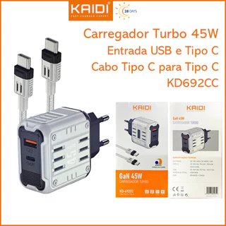 Carregador de Tomada Fonte Turbo 45W Tipo-C e USB com cabo Tipo C para Tipo C KAIDI KD-692CC