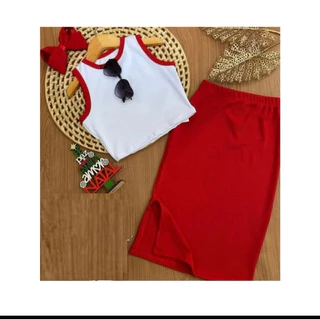 conjunto infantil e juvenil canelado Cropped e saia Mídi Blogueirinha