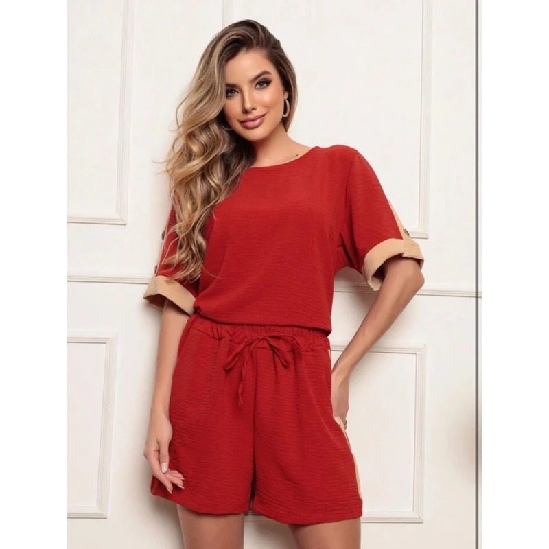 conjunto blusa e short com detalhe e Botao nas mangas no tecido DUNA ...