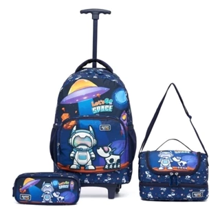 Kit Mochila de Rodinha Estojo Lancheira Térmica Astronauta Infantil Menino Resistente