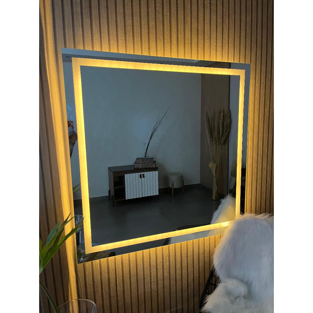 Espelho Quadrado EL11 Polido com Led Jateado Luz Branca e Amarela Para Quarto Sala Banheiro Salão