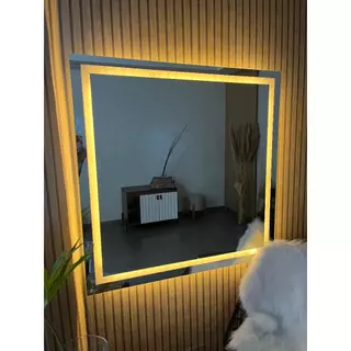 Espelho Quadrado EL11 Polido com Led Jateado Luz Branca e Amarela Para Quarto Sala Banheiro Salão