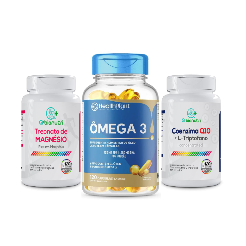 Kit CoenzimaQ10 + Omega 3 + L-Treonato De Magnésio 120 Capsulas - Q+Bionutri (Omega 3 HealthPlant)