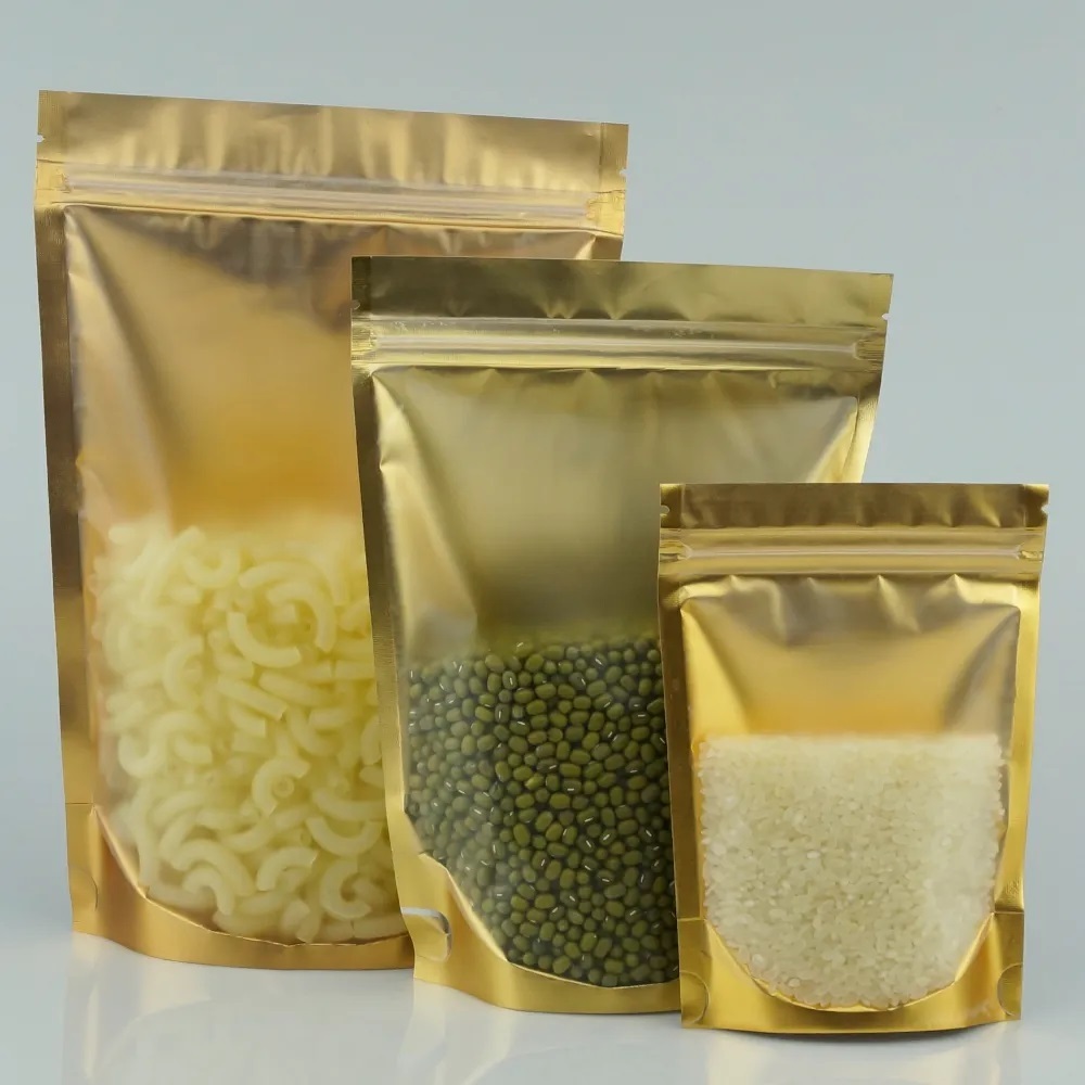 Saco Stand Up Pouch Dourado Transparente Zip 16x24 - Envio Rápido
