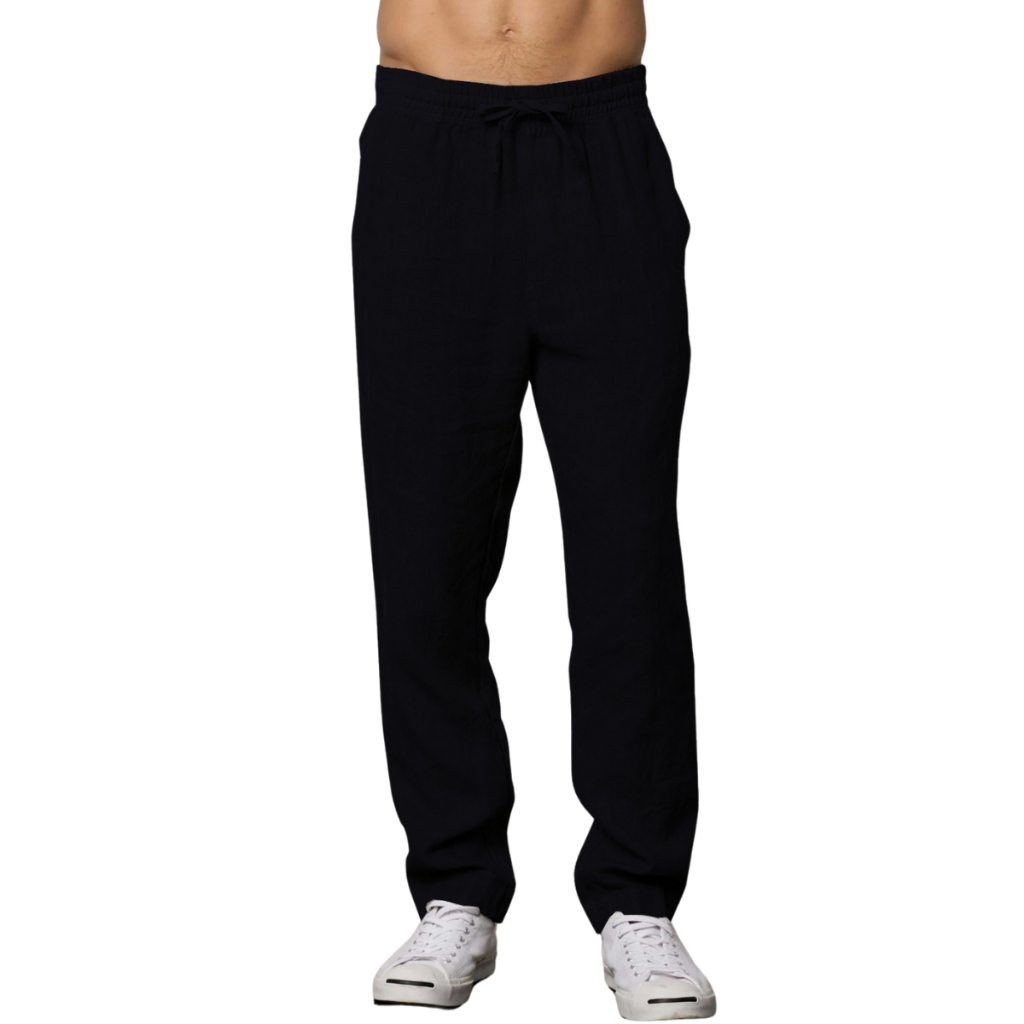 Calça Reta De Linho Alto Padrão Masculina Com Bolso E Ajuste Na Cintura