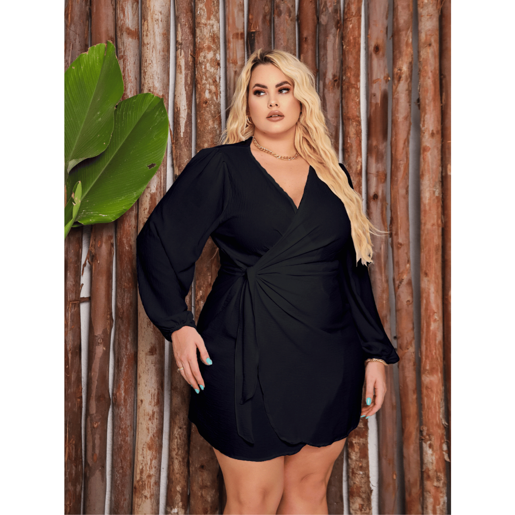 Vestido Transpassado Vestido Curto Manga Longa Plus Size Vestido