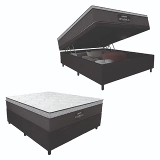 Cama Box Baú Casal Colchão Molas Ensacadas Pillow Top Maximus 138x188x69cm Cinza / Preto Gazin - Sup
