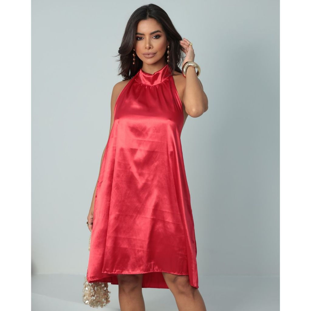 Vestido Feminino Curto Frente Única Cetim Vermelho Moderno