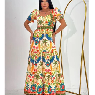 vestido longo ESTAMPA com forro tecido CREPINHO bonito fashion em Oferta na Shopee