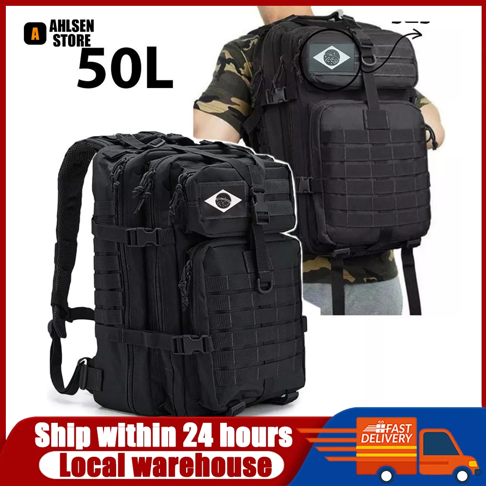 Mochila Militar Tática 50 Litros Grande Impermeável Reforçada com Bandeira Qualidade Premium AHLSEN STORE