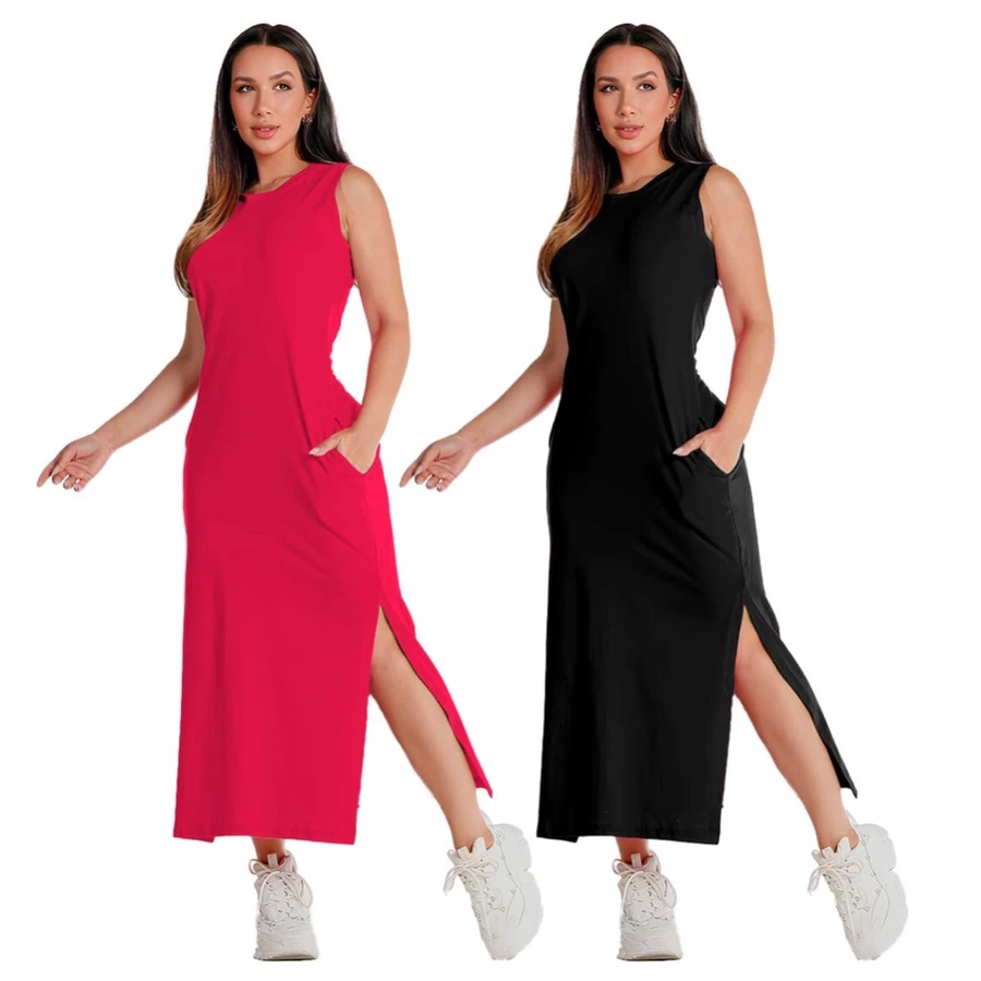 Kit 2 Vestidos Midi Casual Malha Algodão