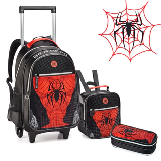 Kit Mochila Infantil Menino Rodinha Spider Aranha Holográfico Escolar Reforçado Com Lancheira Térmica e Estojo Duplo