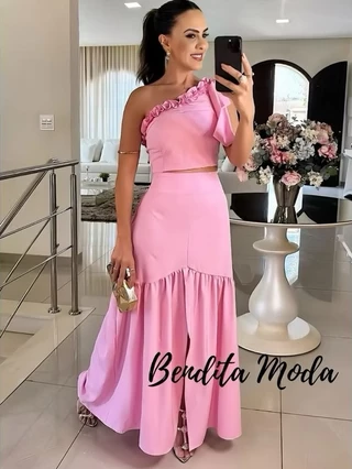 Conjunto feminino saia midi longa e cropped babado lastex estiloso luxo festa casamento