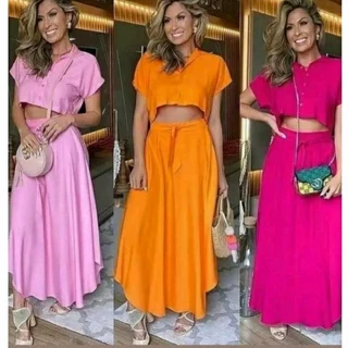Conjunto Saia e cropped blusinha botão chic elegante viscolinho lliso