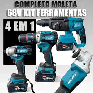 Kit 4 em 1 Ferramentas Motor 68V Brushless 2 Baterias Com Maleta Parafusadeira Furadeira Esmerilhadeira Lixadeira