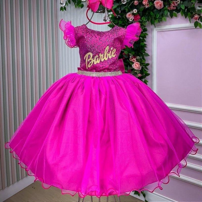 Vestido Da Barbie Infantil Temático De Luxo Com Brilho Para Festas De ...