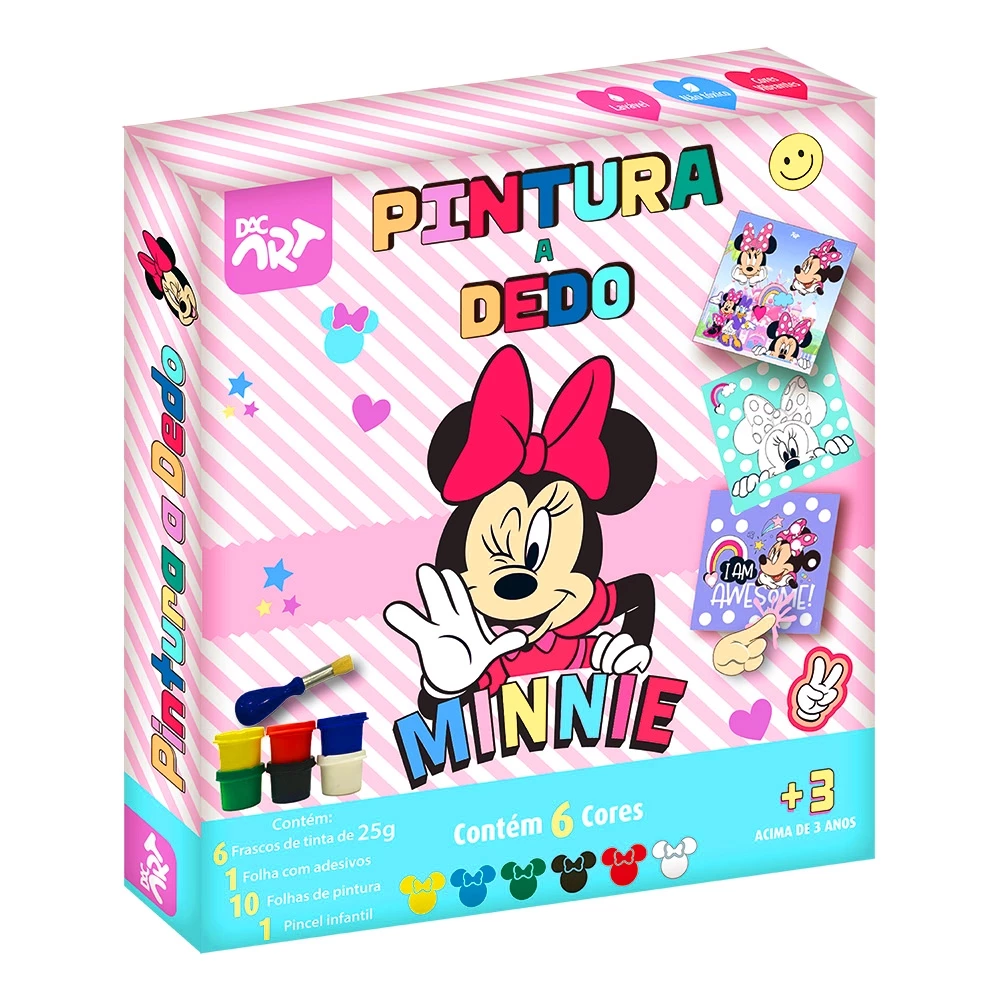 Kit Pintura a Dedo Infantil Minnie Tinta 6 cores + Pincel + Folhas de pintura + Adesivos Material escolar Infantil DAC