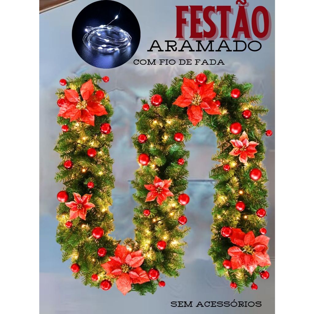 Festão Aramado 1,8 mt Decoração Natal Porta Enfeite + Fio de Fada LED ...