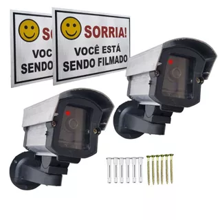 Kit 2 Câmeras Falsas Com Led + 2 Placas "Sorria Você esta sendo Filmado" com parafusos em Oferta na Shopee