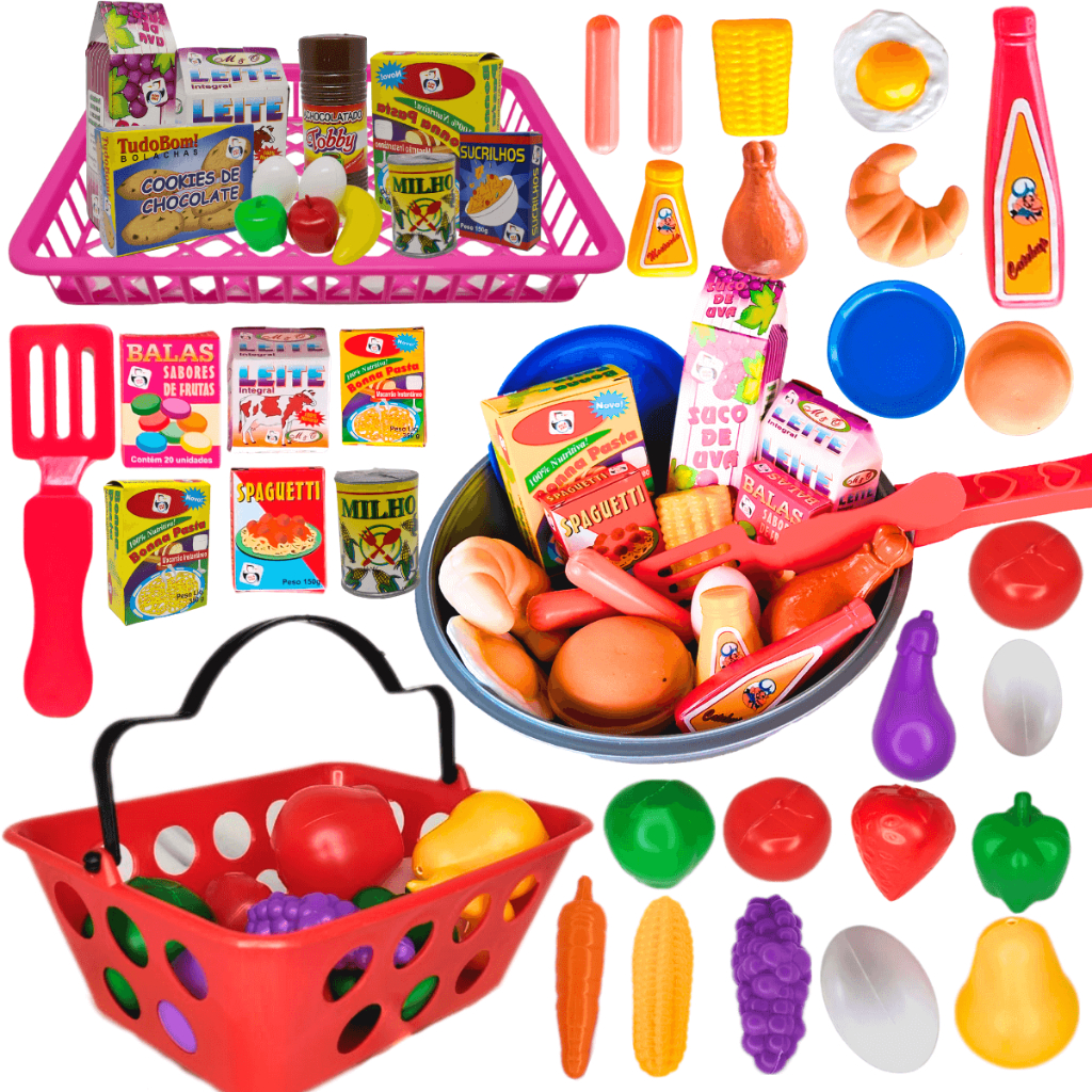 Kit Comidinhas De Brinquedo 9 - 44 Pçs Frutas Frigideira e Mini Mercado ...