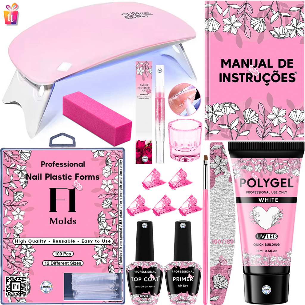 Kit Alongamento De Unha Polygel Cabine Estufa Sun Mini 6w + Top Coat + Primer + 100 Moldes F1Gel/Acrigel/Porcelana