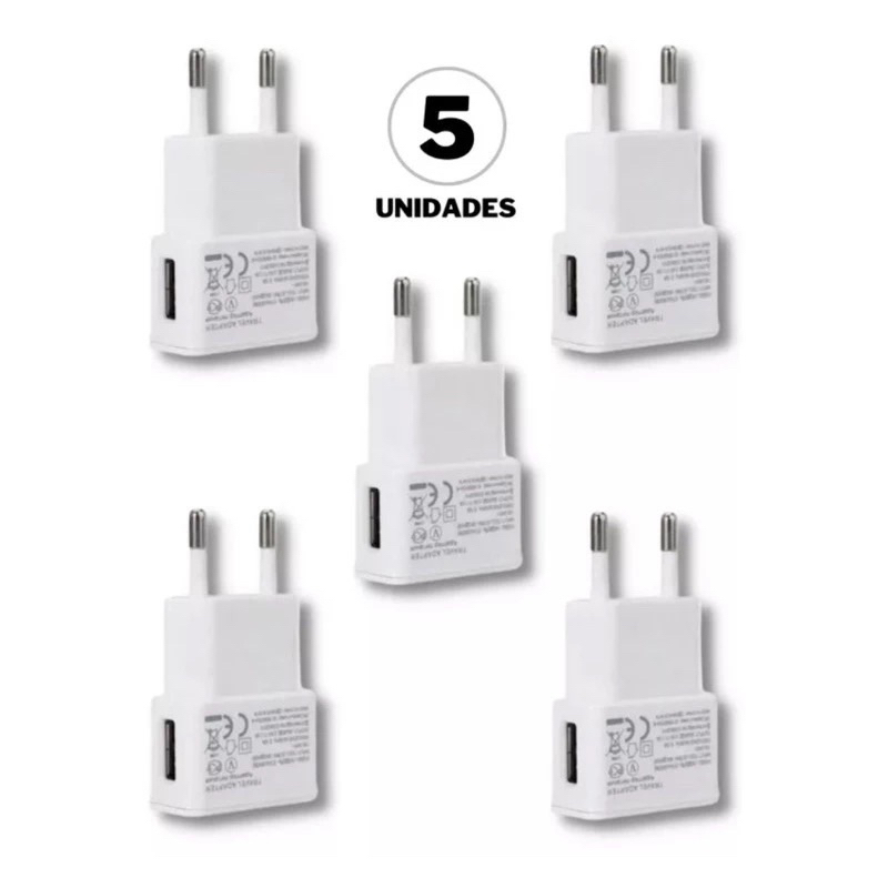 KIT 5 Carregador Tomada Plug Adaptador Fonte Usb 5v 2A Bivolt - Branco/ preto
