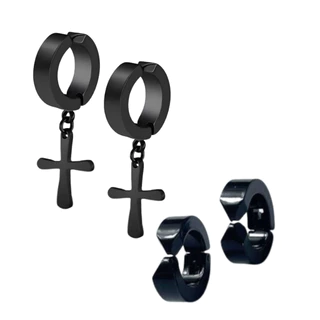 Kit Par Brinco de Pressão Argola e Argola com Cruz Pequeno Preto