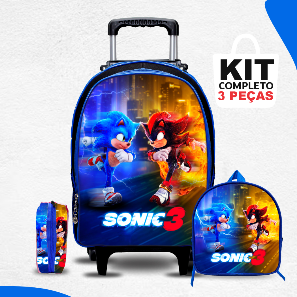 Kit Mochila Escolar Sonic 3 com Lancheira e Estojo - Rodinhas - Menino - Masculino - LANÇAMENTO