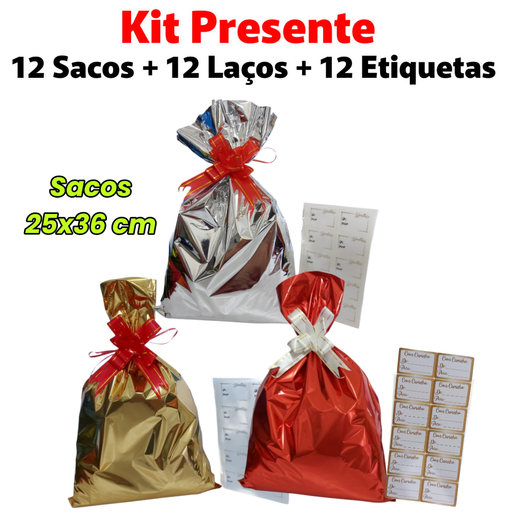 Kit 12 Sacos de presente 25x36 + 12 laços fácil + 12 etiquetas adesivas para presente