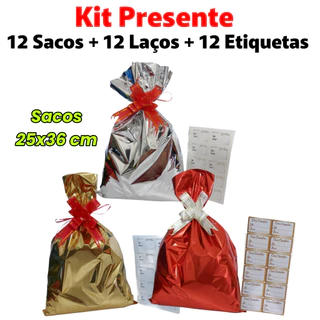 Kit 12 Sacos de presente 25x36 + 12 laços fácil + 12 etiquetas adesivas para presente