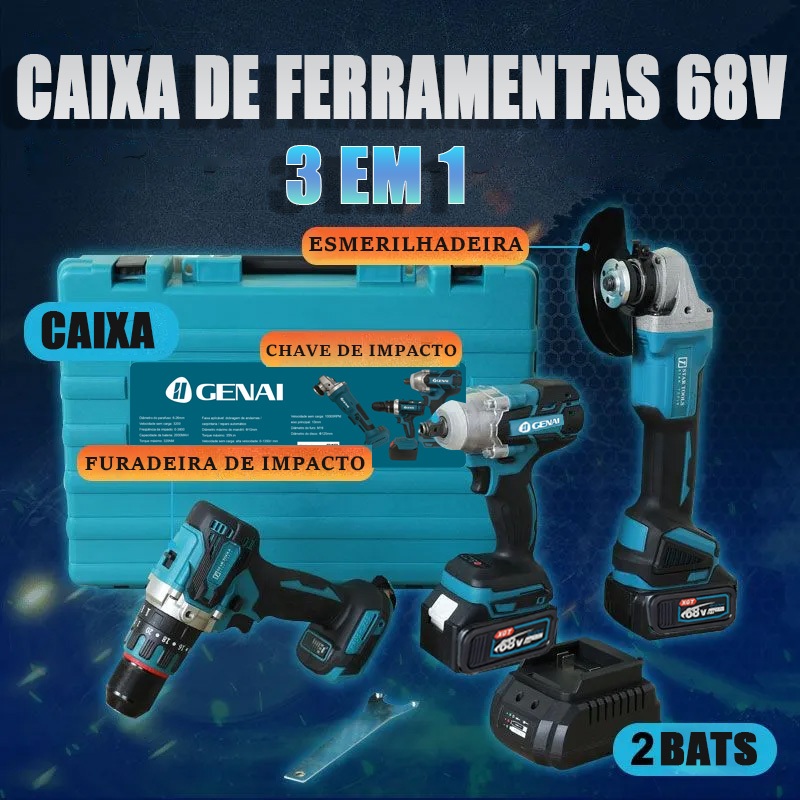 Kit 3 EM 1 Esmerilhadeira Parafusadeira Chave1/2 68v + Caixa De Ferramentas