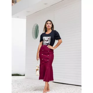 SAIA MIDI LONGA FEMININA BABADO MODA EVANGÉLICA SOCIAL MULHER MODERNA SEREIA PROMOÇÃO FIM DE ANO